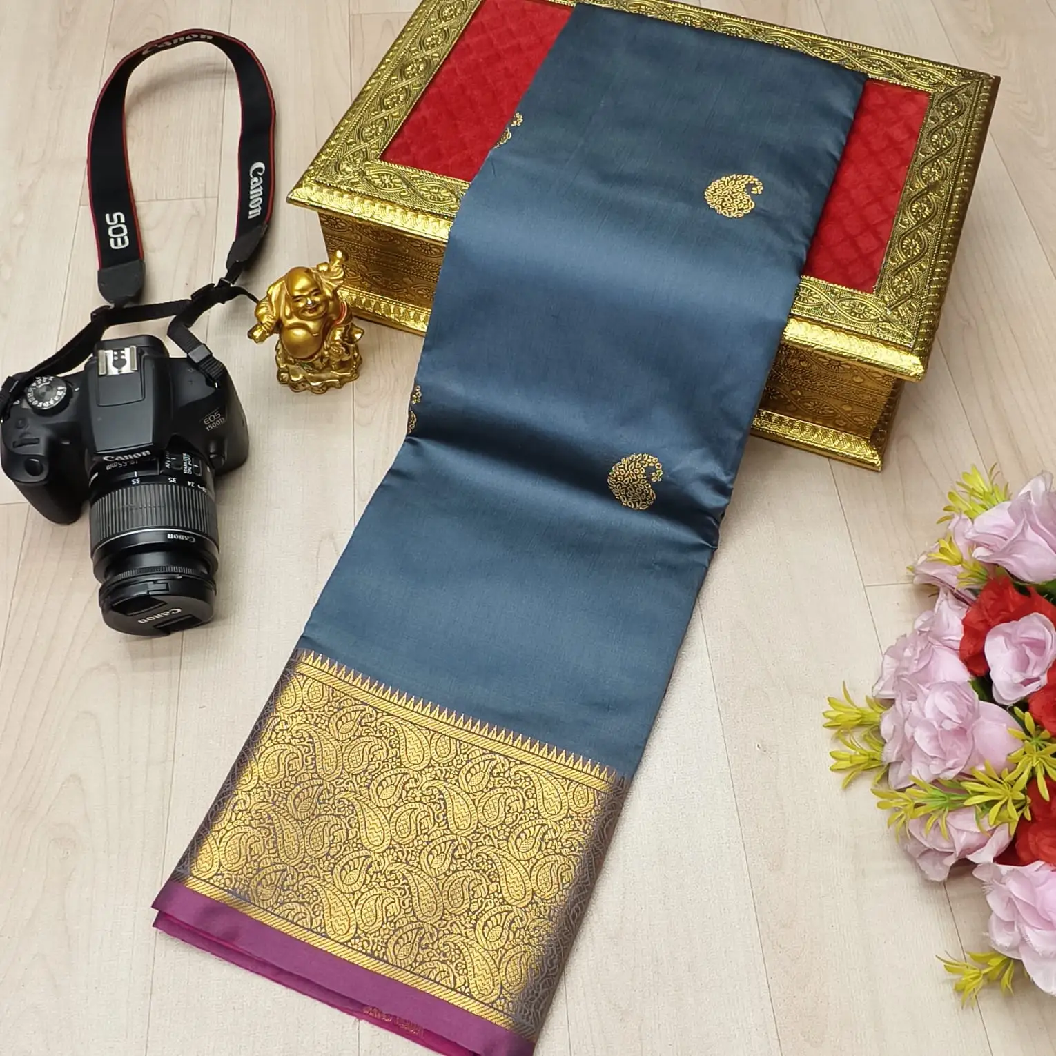 Steel Blue Golden Paisley Butta Fusion Soft Silk Saree